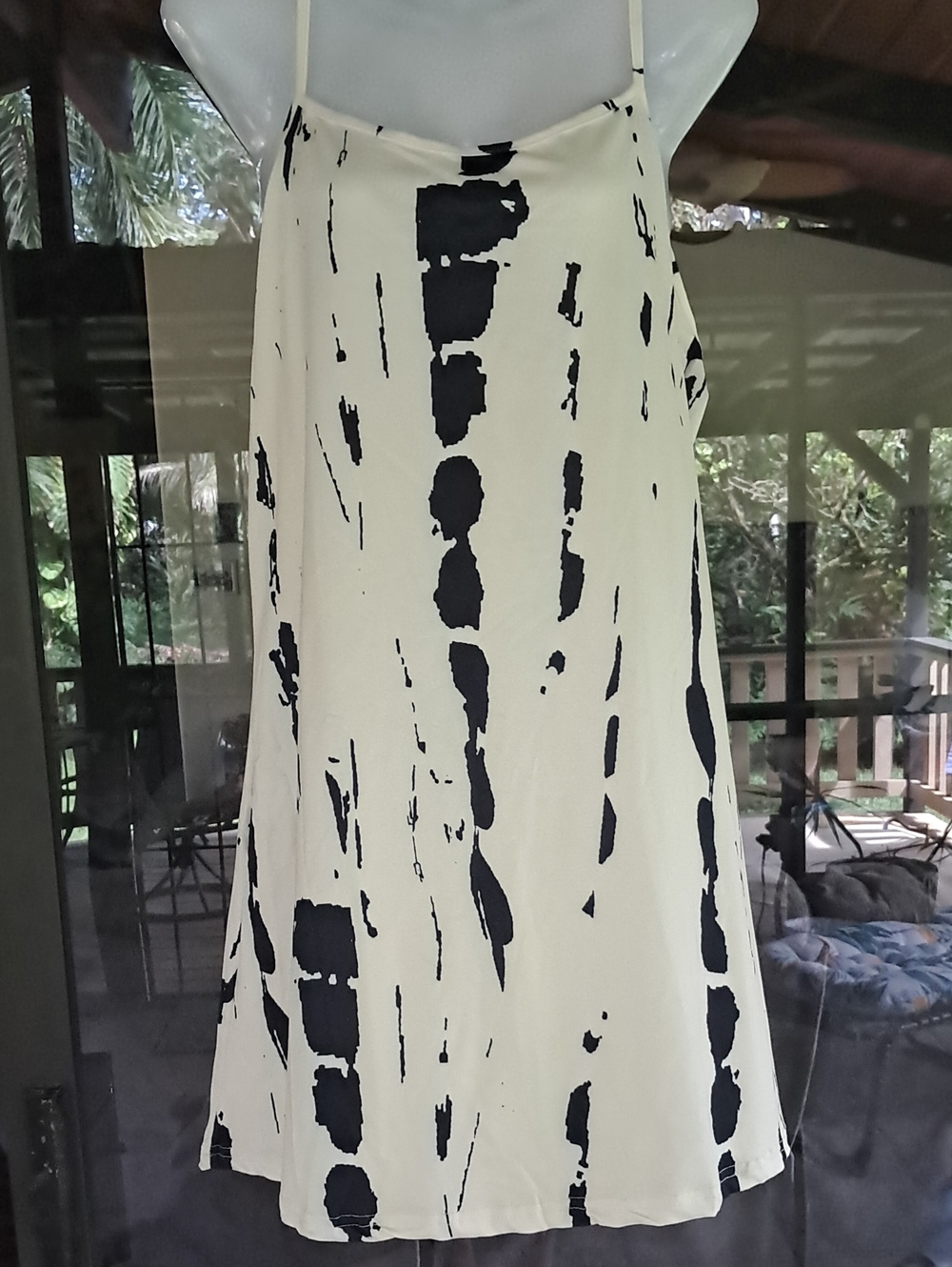 Cream and Black Abstract Spaghetti-Strap Mini Dress